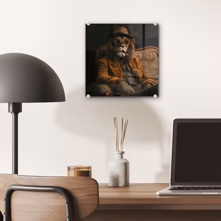 Glas schilderij - Bril - Leeuw - Bank - Hoed — 7