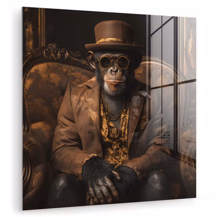 Glas schilderij - Chimpansee - Stoel - Pak - Bruin — 1