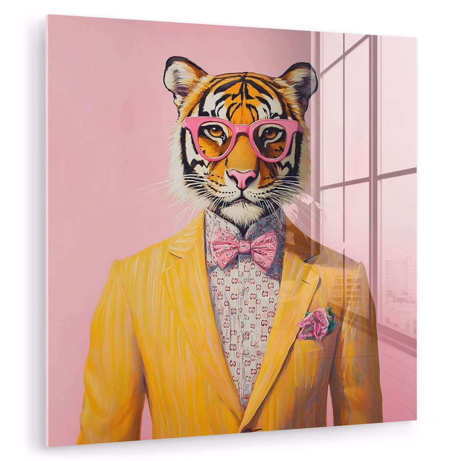 Glas schilderij - Tijger - Bril - Geel - Jasje — 1