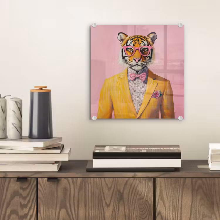 Glas schilderij - Tijger - Bril - Geel - Jasje — 2