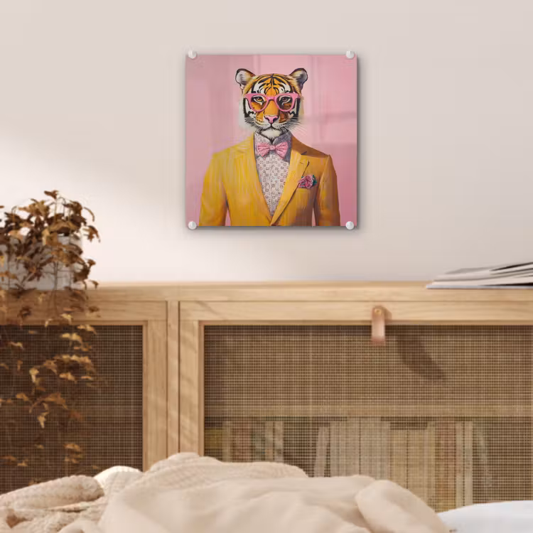 Glas schilderij - Tijger - Bril - Geel - Jasje — 5