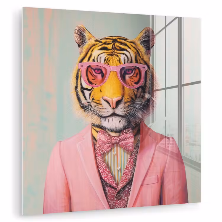 Glas schilderij - Tijger - Strik - Jasje - Roze — 1