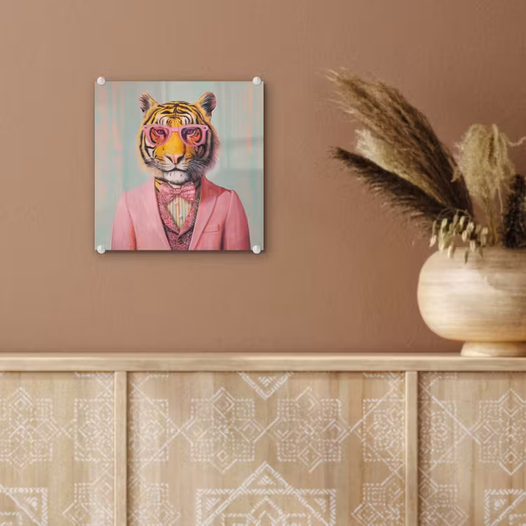 Glas schilderij - Tijger - Strik - Jasje - Roze — 6