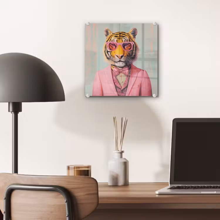 Glas schilderij - Tijger - Strik - Jasje - Roze — 7