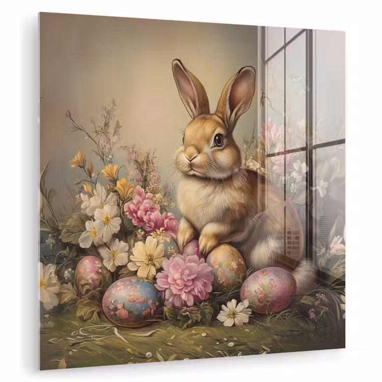 Glas schilderij - Haas - Stilleven - Bloemen — 1