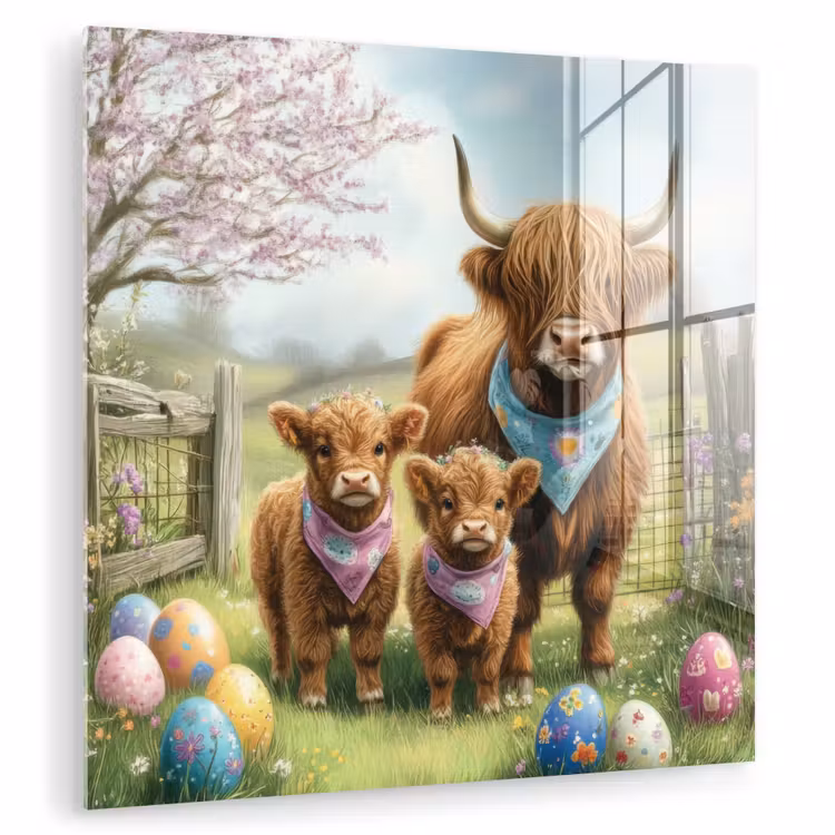 Glas schilderij - Schotsehooglanders - Paaseieren - Lente — 1