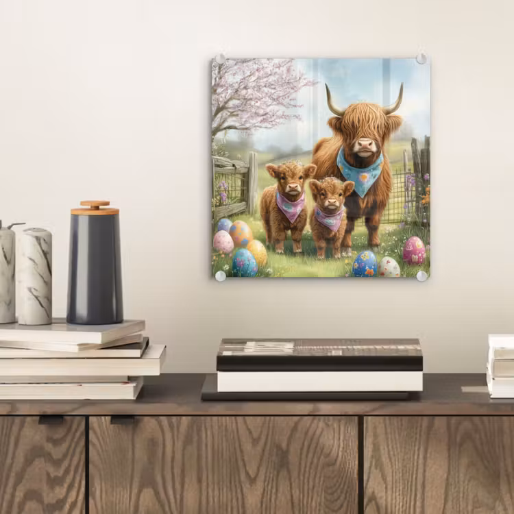 Glas schilderij - Schotsehooglanders - Paaseieren - Lente — 2