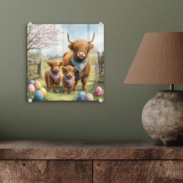 Glas schilderij - Schotsehooglanders - Paaseieren - Lente — 4