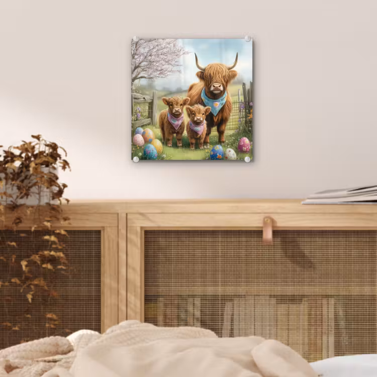 Glas schilderij - Schotsehooglanders - Paaseieren - Lente — 5