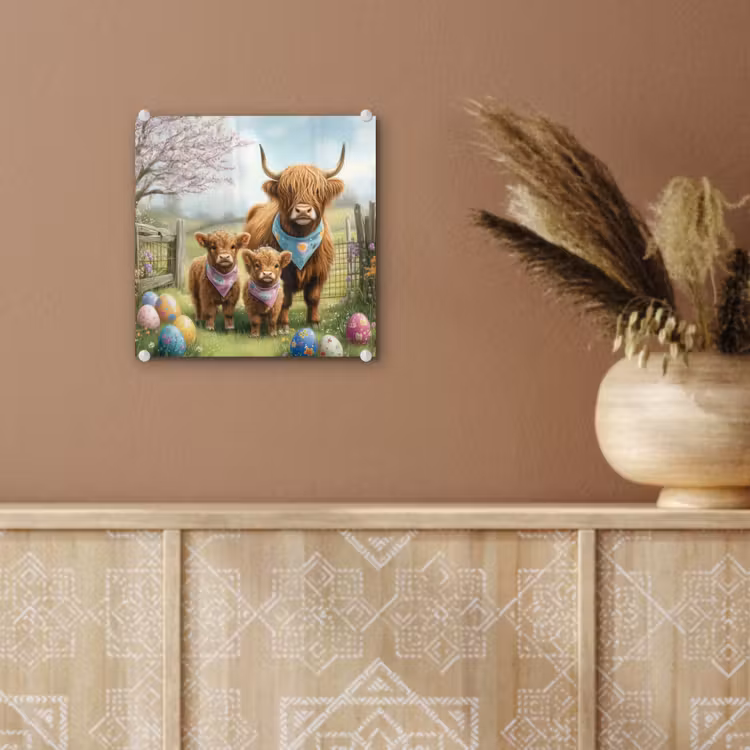 Glas schilderij - Schotsehooglanders - Paaseieren - Lente — 6