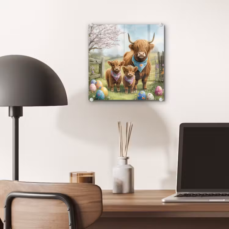 Glas schilderij - Schotsehooglanders - Paaseieren - Lente — 7