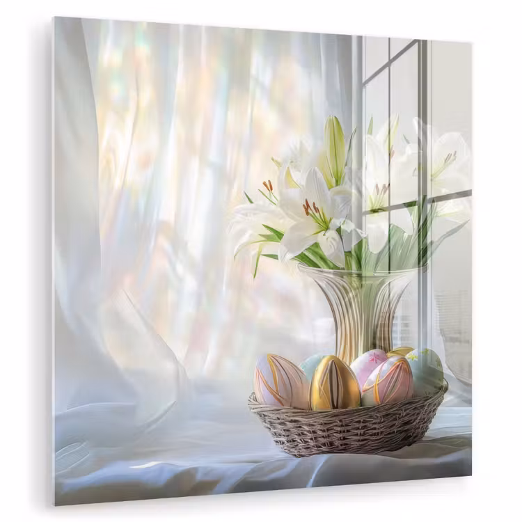 Glas schilderij - Vaas - Eieren - Bloemen — 1