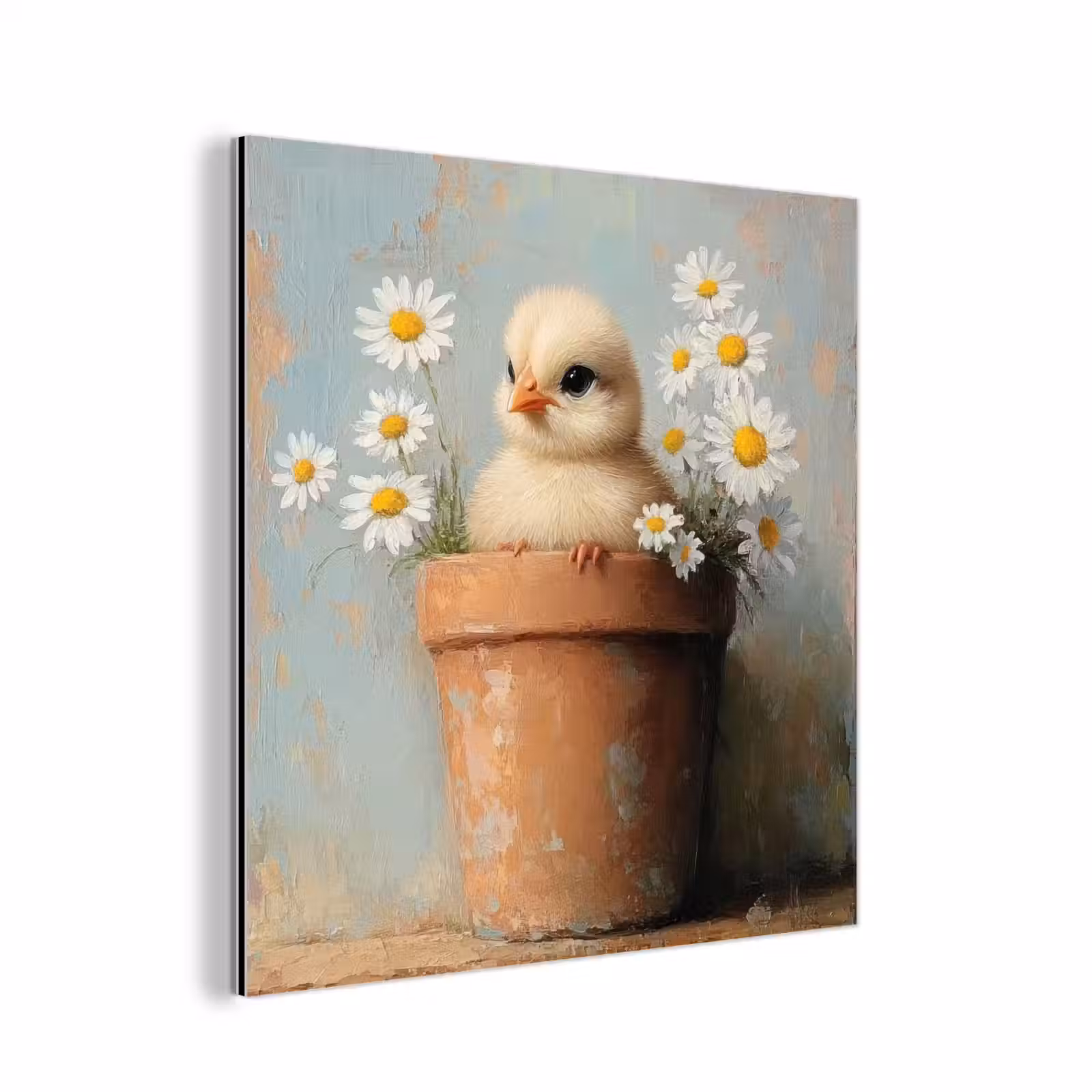 Aluminium schilderij - Bloempot - Kuiken - Bloemetjes — 1
