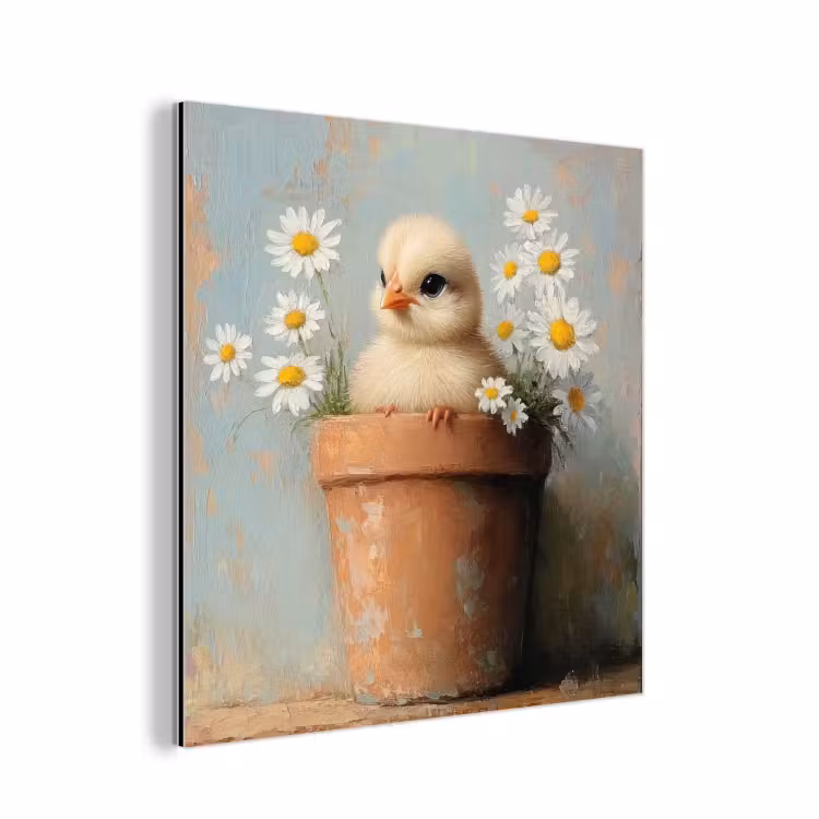 Aluminium schilderij - Bloempot - Kuiken - Bloemetjes — 1