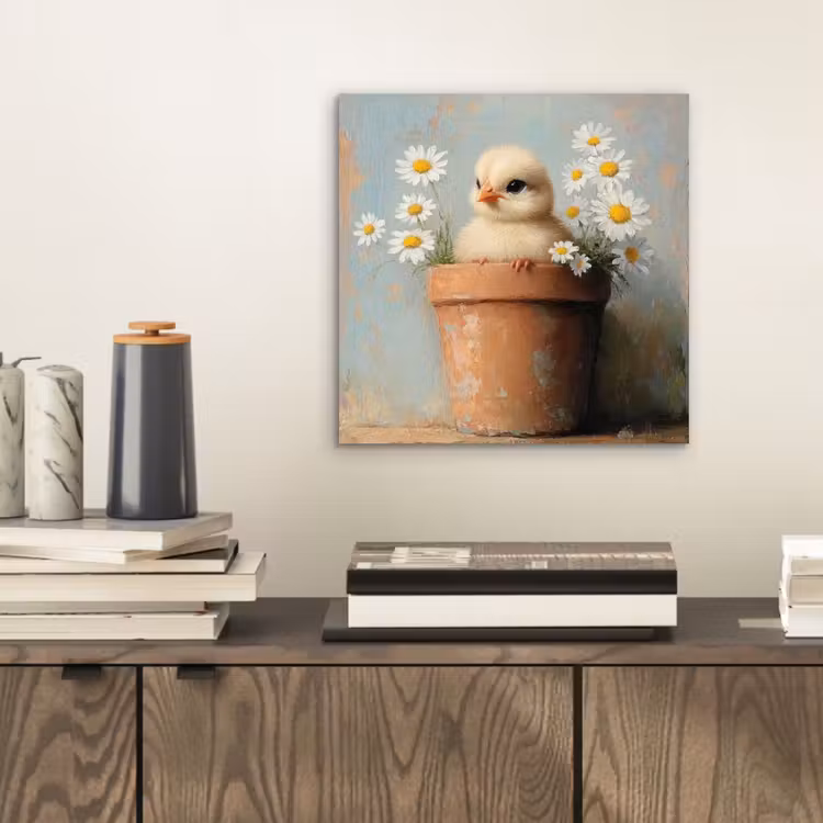 Aluminium schilderij - Bloempot - Kuiken - Bloemetjes — 2