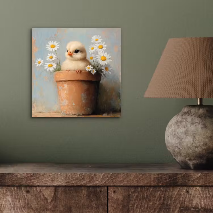 Aluminium schilderij - Bloempot - Kuiken - Bloemetjes — 3