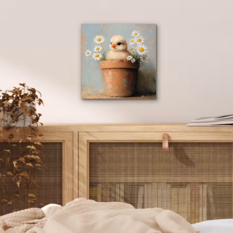 Aluminium schilderij - Bloempot - Kuiken - Bloemetjes — 4