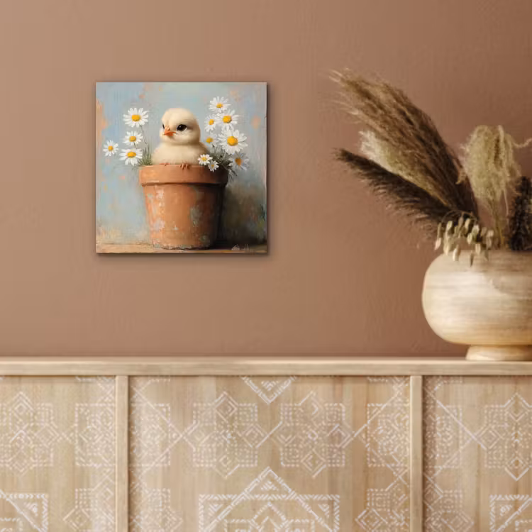 Aluminium schilderij - Bloempot - Kuiken - Bloemetjes — 5