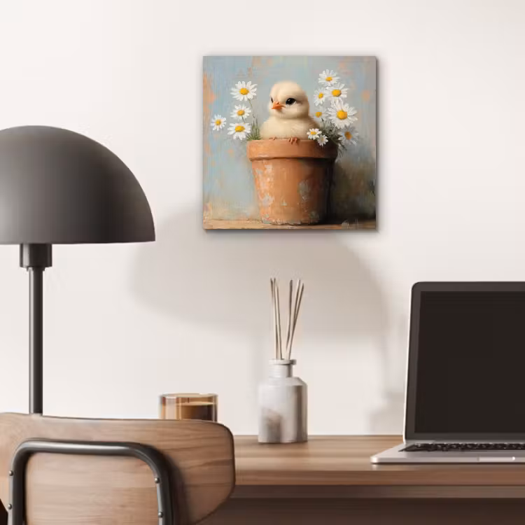 Aluminium schilderij - Bloempot - Kuiken - Bloemetjes — 6