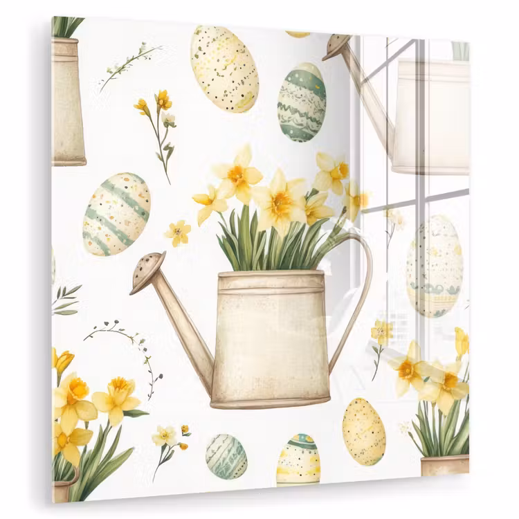 Glas schilderij - Gieter - Bloemen - Eieren — 1