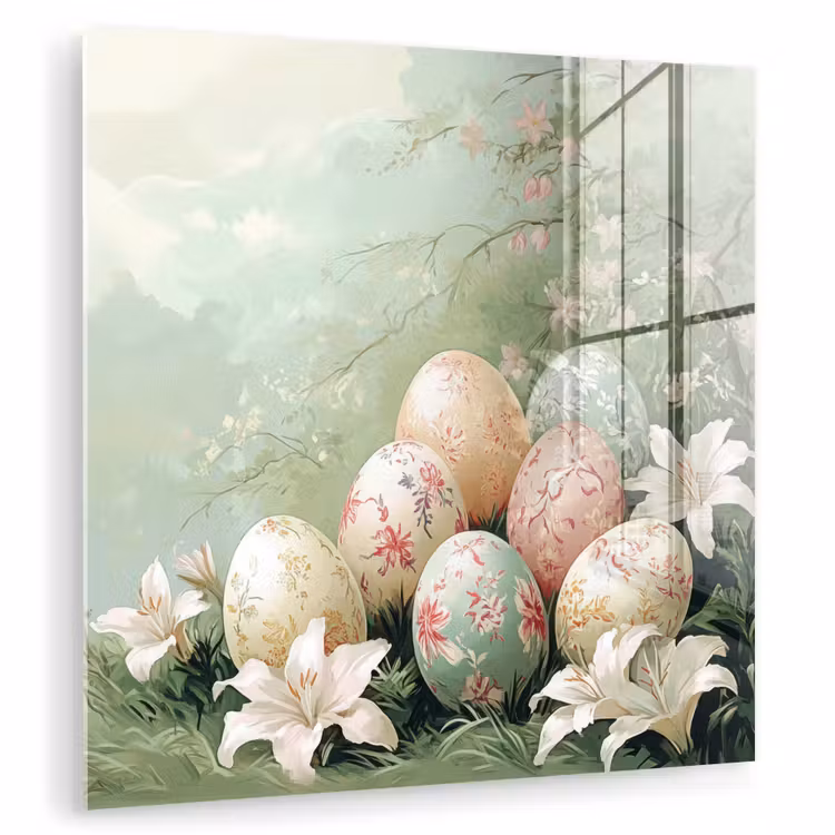 Glas schilderij - Paaseieren - Pasteltinten - Bloemen — 1