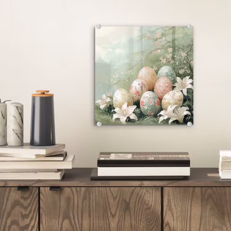 Glas schilderij - Paaseieren - Pasteltinten - Bloemen — 2