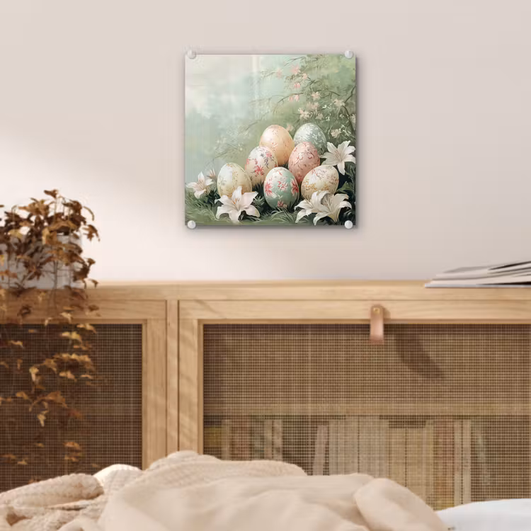Glas schilderij - Paaseieren - Pasteltinten - Bloemen — 5