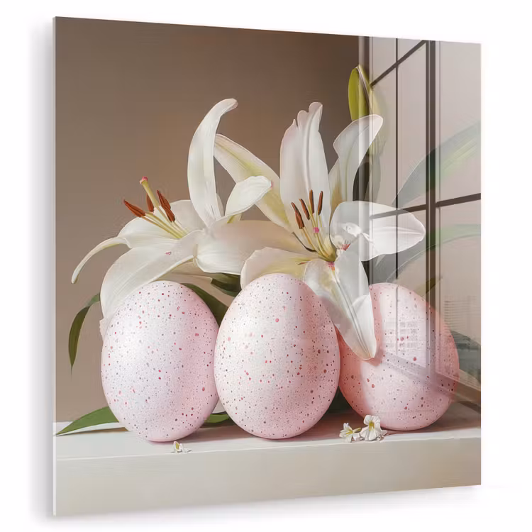 Glas schilderij - Lelies - Eieren - Pasen — 1