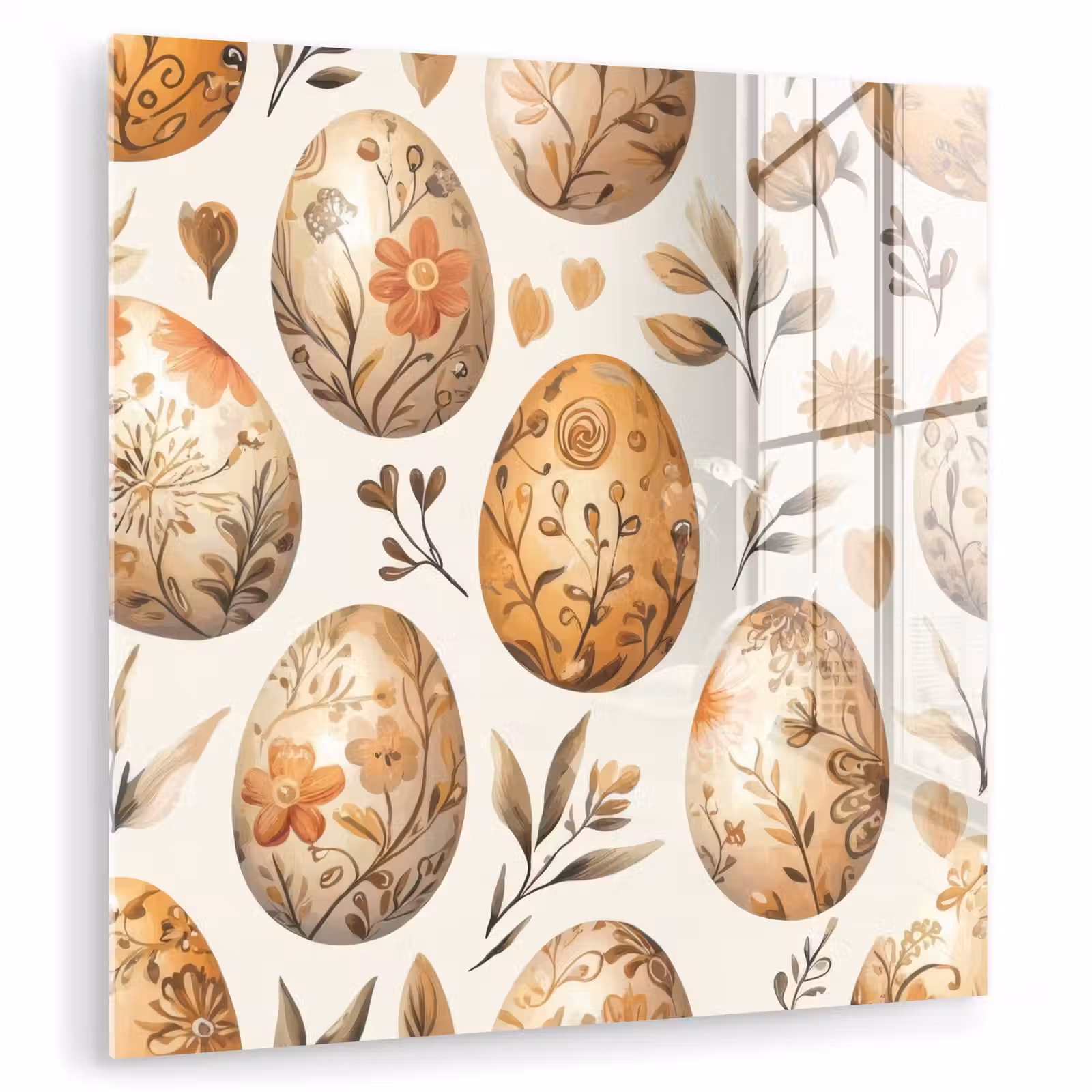 Glas schilderij - Paaseieren - Bruin - Bloemen — 1