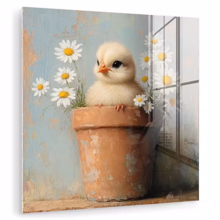 Glas schilderij - Bloempot - Kuiken - Bloemetjes — 1