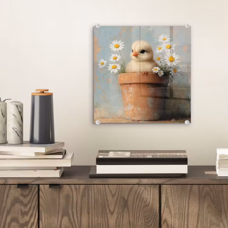 Glas schilderij - Bloempot - Kuiken - Bloemetjes — 2