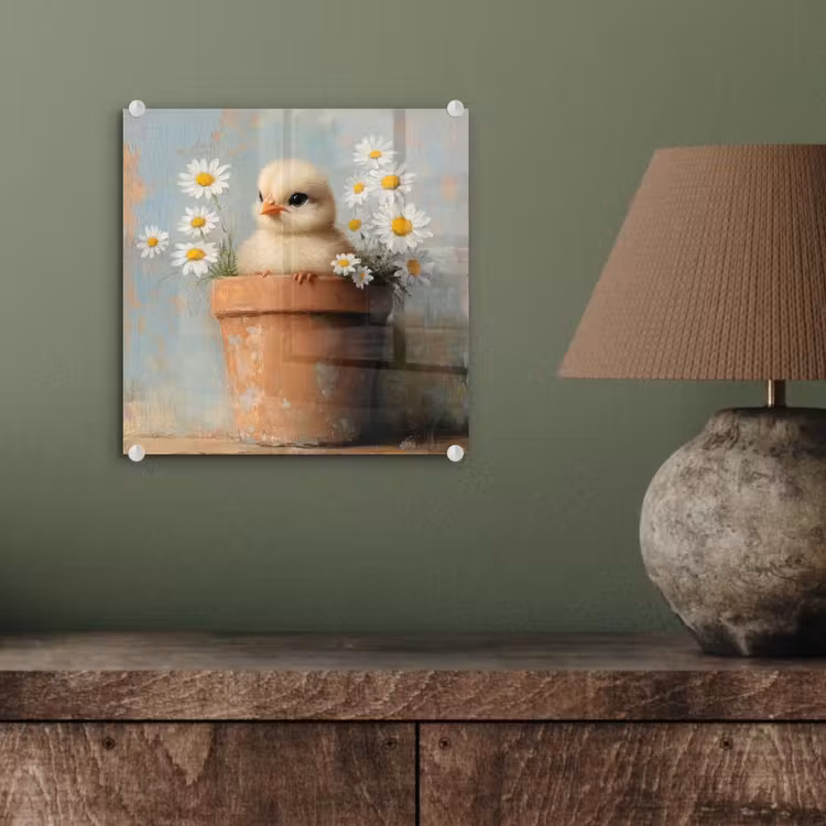 Glas schilderij - Bloempot - Kuiken - Bloemetjes — 4