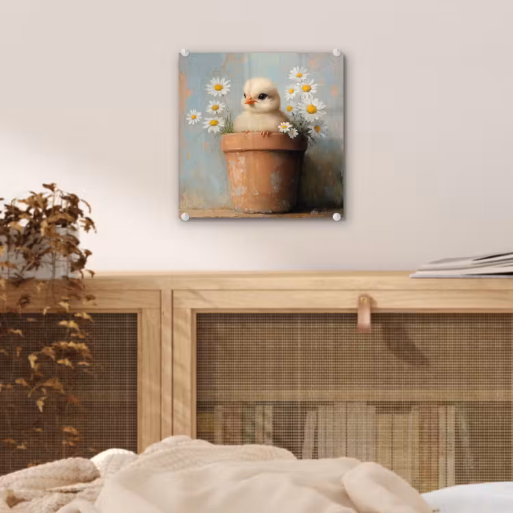 Glas schilderij - Bloempot - Kuiken - Bloemetjes — 5
