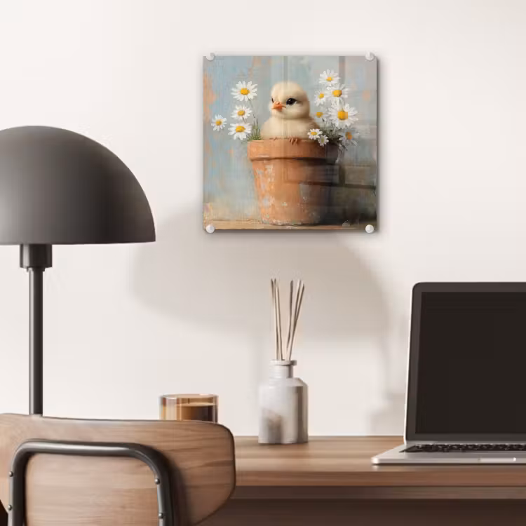 Glas schilderij - Bloempot - Kuiken - Bloemetjes — 7