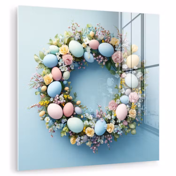 Glas schilderij - Krans - Eieren - Bloemen — 1