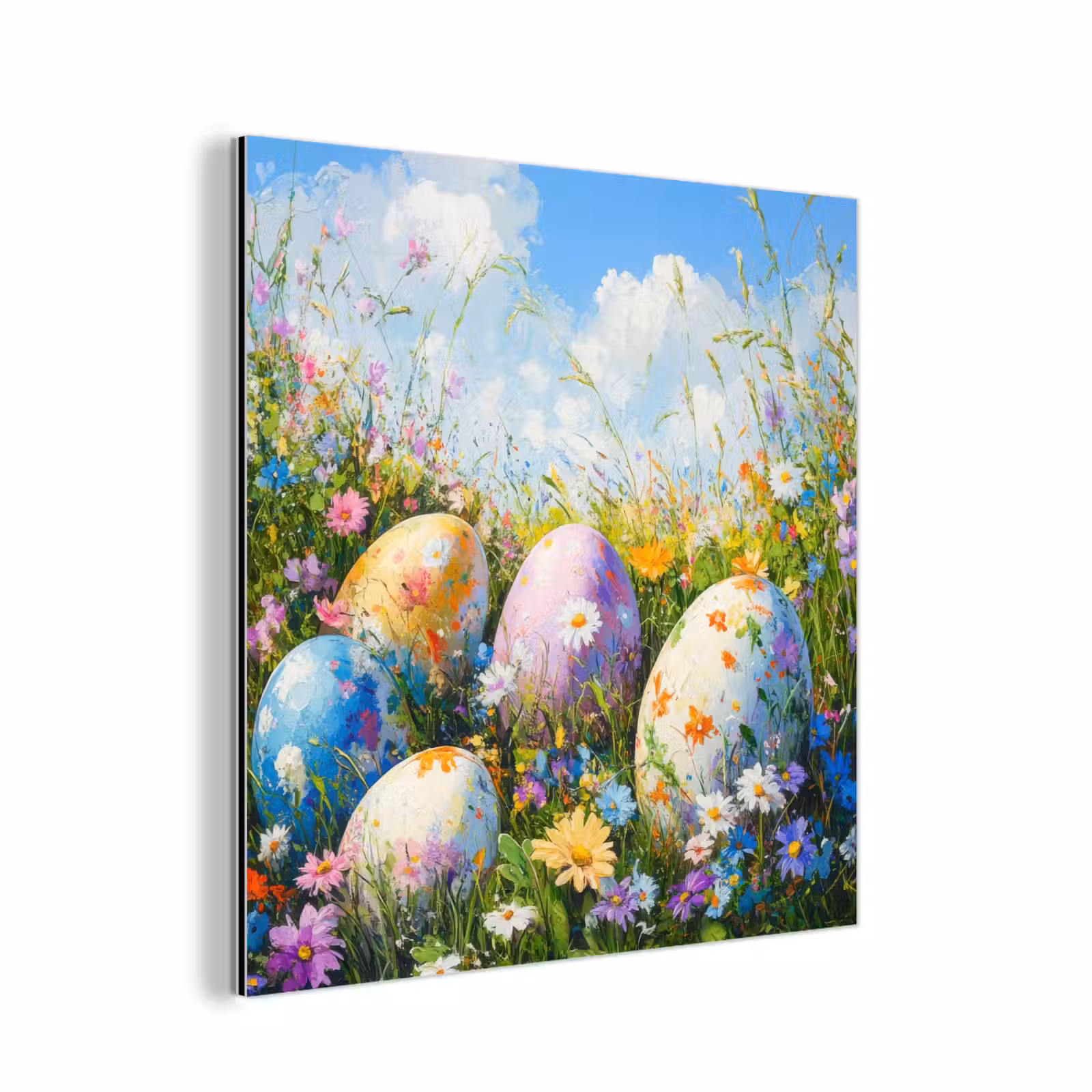 Aluminium schilderij - Grasveld - Eieren - Bloemen — 1