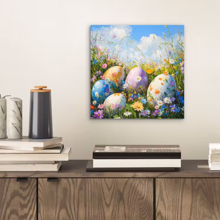 Aluminium schilderij - Grasveld - Eieren - Bloemen — 2