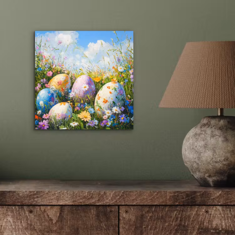 Aluminium schilderij - Grasveld - Eieren - Bloemen — 3
