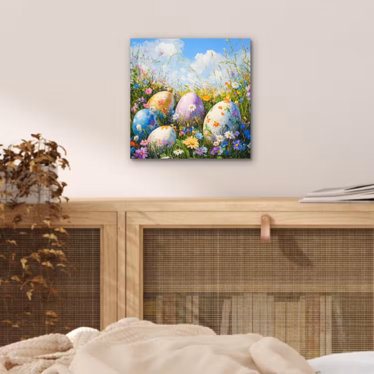 Aluminium schilderij - Grasveld - Eieren - Bloemen — 4