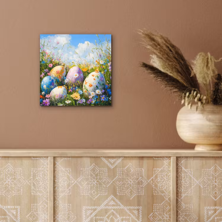 Aluminium schilderij - Grasveld - Eieren - Bloemen — 5