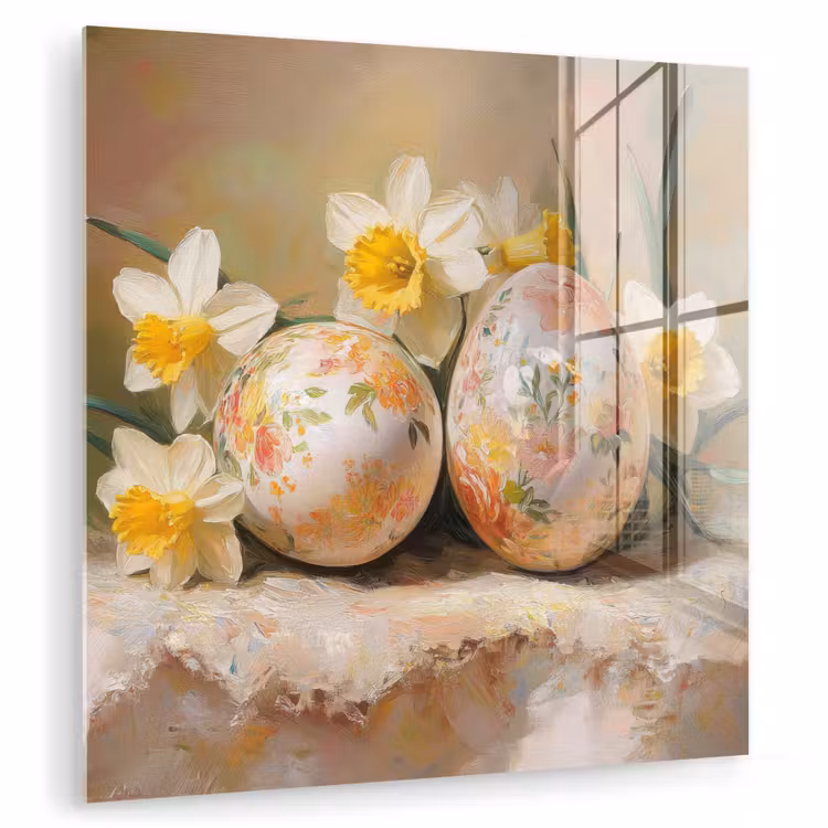 Glas schilderij - Bloemen - Eieren - Geschilderd — 1