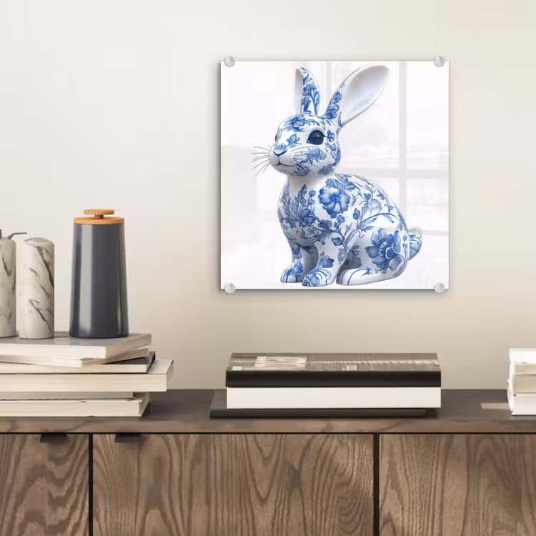 Glas schilderij - Delftsblauw - Haasje - Wit — 2
