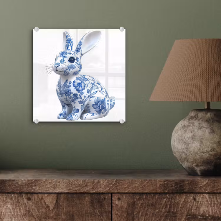 Glas schilderij - Delftsblauw - Haasje - Wit — 4