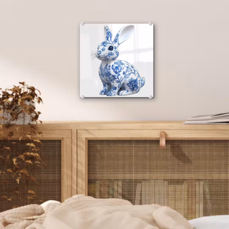 Glas schilderij - Delftsblauw - Haasje - Wit — 5