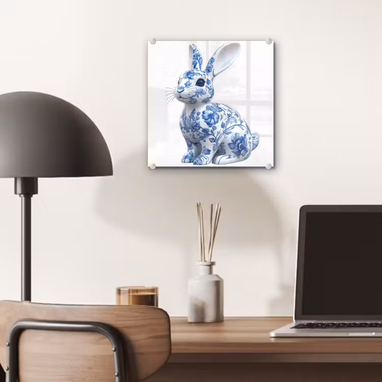 Glas schilderij - Delftsblauw - Haasje - Wit — 7