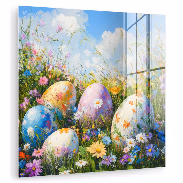 Glas schilderij - Grasveld - Eieren - Bloemen — 1