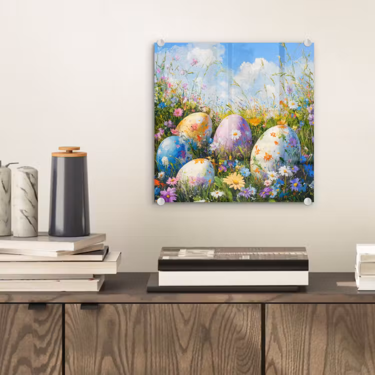 Glas schilderij - Grasveld - Eieren - Bloemen — 2