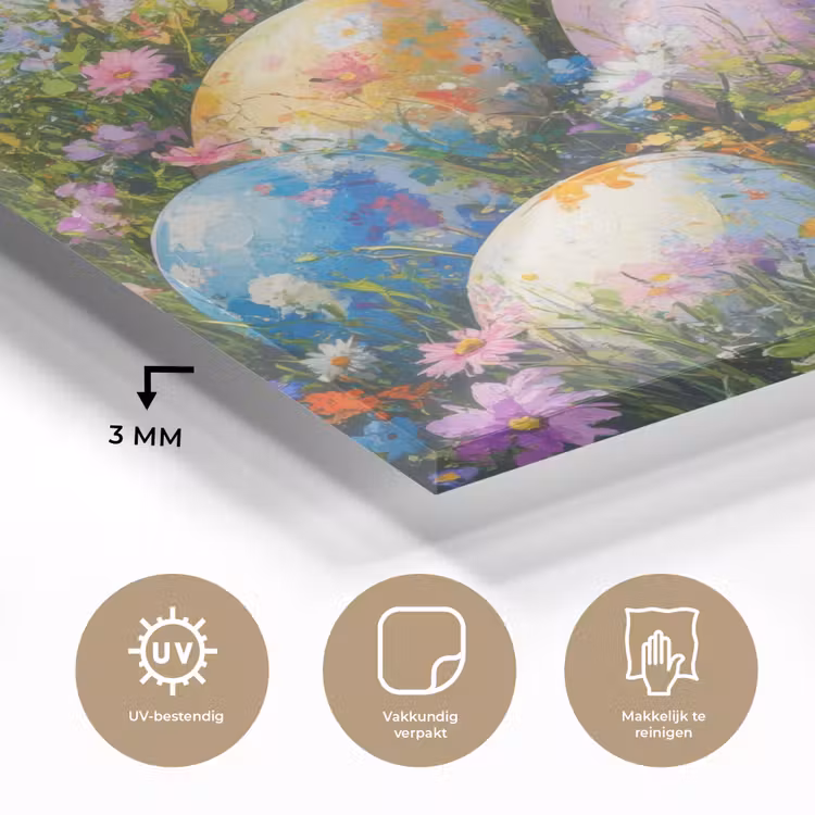 Glas schilderij - Grasveld - Eieren - Bloemen — 3