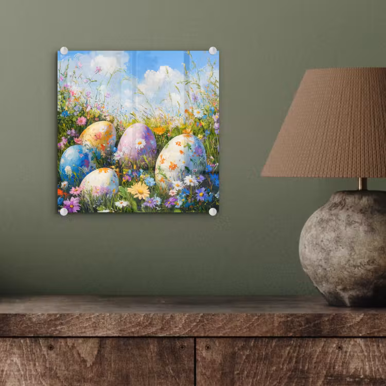 Glas schilderij - Grasveld - Eieren - Bloemen — 4