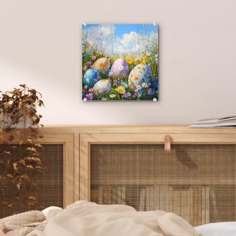 Glas schilderij - Grasveld - Eieren - Bloemen — 5